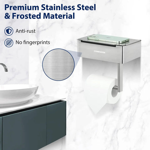 Two Pack Stainless Steel Toilet Paper Holder With Built In Shelf For Mega Rolls Up To 6 Inch Diameter Wall Mount Bathroom Organizer With Hidden Wet Wipe Dispenser Silver Finish Easy Reach Storage Saver shown mounted on bathroom wall