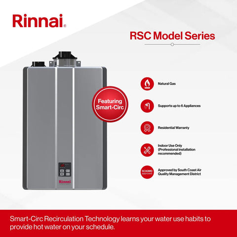 Heavy Duty Gas Tankless Water Heater With Smart Recirculation Delivers Instant Hot Water At Nine Gallons Per Minute For Indoor Setup Featuring compact design and Smart-Circ technology.