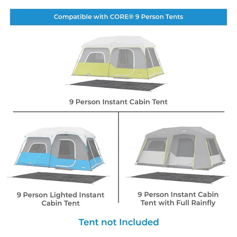 Heavy Duty Tent Footprint Groundsheet for 9 Person Instant Cabin Tents shown under various tent styles