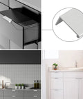 Grab These 10 Pack 3 Inch Finger Pulls For A Major Home Upgrade Featuring Smooth Brushed Nickel Finish And Rust Resistant Aluminum Build That Keeps Your Cabinets Slick; showing a cabinet drawer with brushed nickel finger pull.