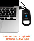 Upgraded Pet Microchip Scanner With 256 Data Storage connected to laptop via USB, OLED display visible.