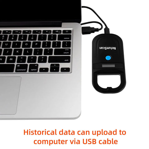 Upgraded Pet Microchip Scanner With 256 Data Storage connected to laptop via USB, OLED display visible.
