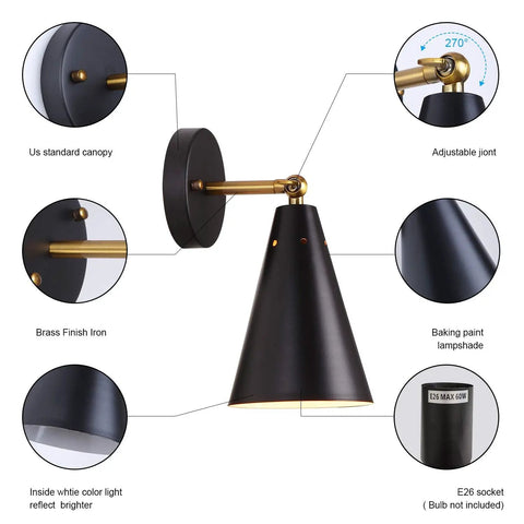Modern Black And Gold Wall Sconces Set With Swing Arm Industrial Lamps Rustic Bronze Finish Two Pack, close-up details view