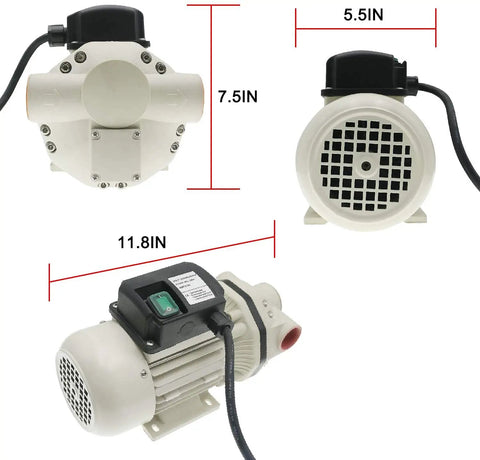 Rugged Industrial Chemical Distribution Pump 115V, 40 L per min, dimensions 7.5x5.5x11.8 inches, off-white color.
