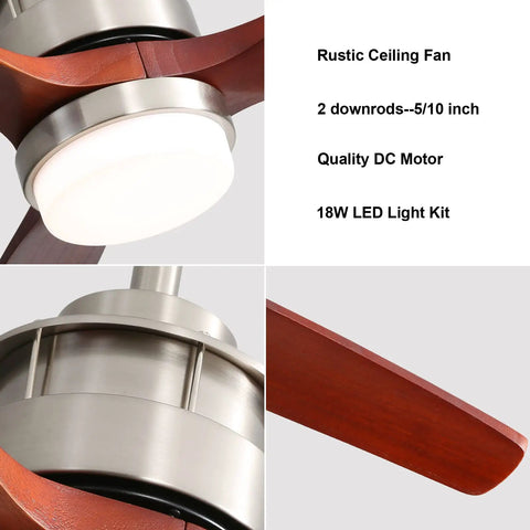 Close-up of 52 Inch Wood Ceiling Fan With Lights Remote Control Dimmable LED Light 3 Blades Reversible Quiet DC Motor details.