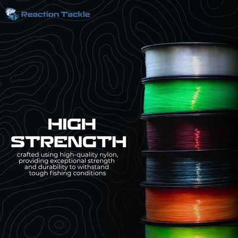 Stack of monofilament fishing line with various colors including hi vis green, showcasing premium nylon mono with low memory and durability.