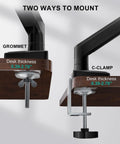 Two mount options for Single Monitor Arm Mount For 13 To 34 Inch Screens, Grommet and C-Clamp, desk thickness 0.39-2.76 inches