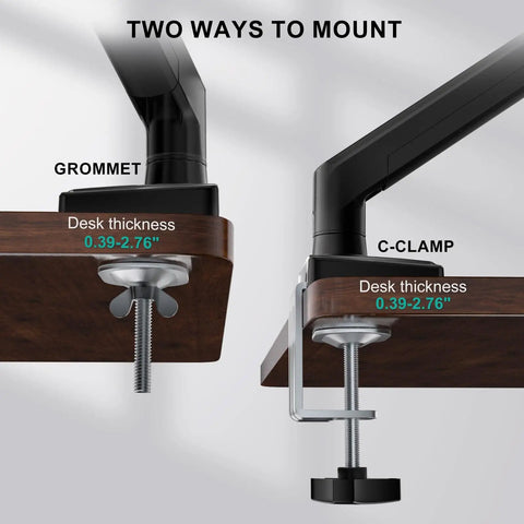 Two mount options for Single Monitor Arm Mount For 13 To 34 Inch Screens, Grommet and C-Clamp, desk thickness 0.39-2.76 inches