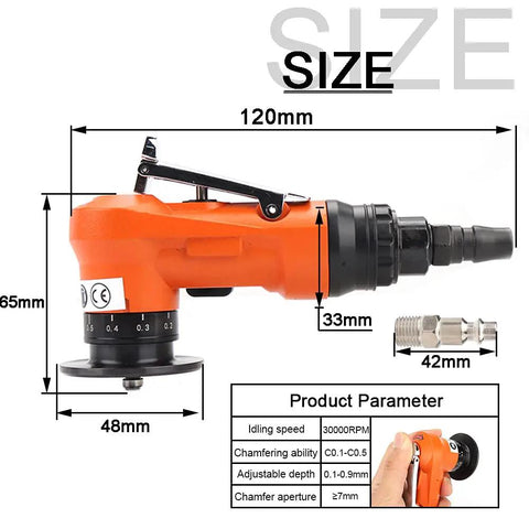 Bainuo Mini Portable Pneumatic Chamfering Machine For Metal Trimming And Deburring 45 Degree Arc Corner Tool dimensioned image showing its size and features.