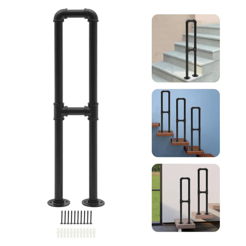 Heavy Duty U Shaped Stair Handrail Floor Mounted Galvanized Steel Support Rail Rust Resistant Outdoor Safety Railing With Slick Grip Handle For No Sweat Weekend Projects displayed with installation examples and mounting screws.