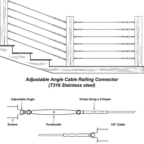 12 Pairs One Eighth Inch Cable Railing Kit with 180 Degree Adjustable Base Marine Grade T316 Stainless Steel