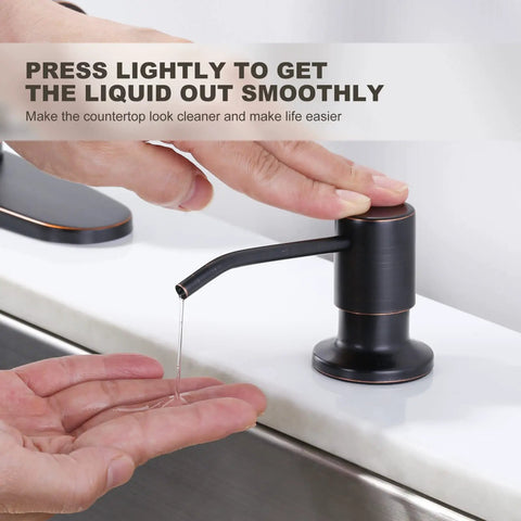 Person using soap dispenser from Oil Rubbed Bronze Kitchen Faucet With Soap Dispenser, 16 Inch High Arc Pull Down, Single Handle, Deck Plate