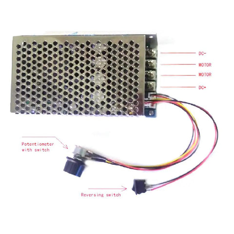 Front view of DC Motor Speed Controller 10-50V 100A Peak 5000W PWM Regulator with potentiometer and wires shown