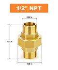 Brass Union 1/2 Npt Male To 1/2 Npt Male Pipe Fitting for Easy Pipe Connections, dimensions shown, corrosion resistant solid brass