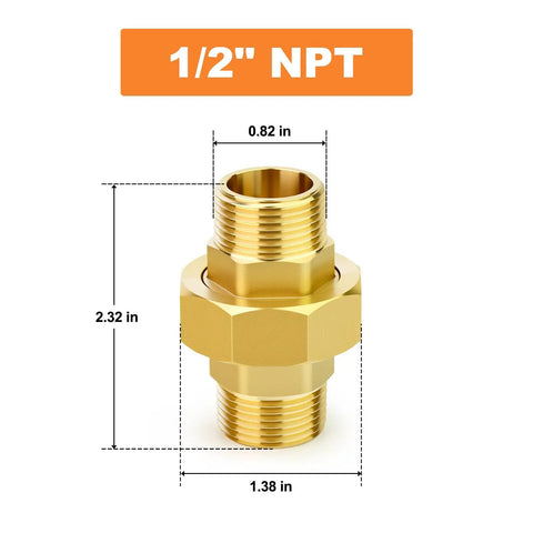 Brass Union 1/2 Npt Male To 1/2 Npt Male Pipe Fitting for Easy Pipe Connections, dimensions shown, corrosion resistant solid brass