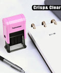 No Sweat Self Inking Date Stamp With Twelve Year Range And Clean Purple Base Quick Office Dater For Fast Business Paperwork on desk.