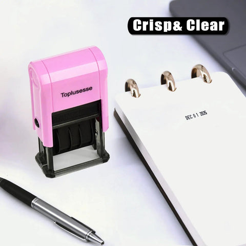 No Sweat Self Inking Date Stamp With Twelve Year Range And Clean Purple Base Quick Office Dater For Fast Business Paperwork on desk.
