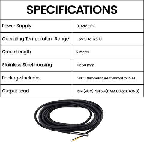 Specifications for DS18B20 Temperature Sensors 5 Pack, 5M Waterproof Digital Probes with Stainless Steel Cables shown.