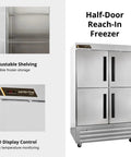 The Real Deal Heavy Duty Reach In Freezer With Two Section Split Solid Doors Serious 43 Cubic Foot Capacity Top Shelf Cold Storage Built Tough For Bustling Kitchens And High Volume Food Service. Half-door unit with adjustable shelving and LED display.