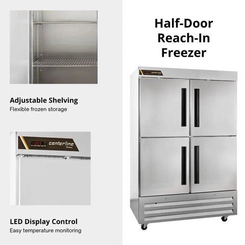 The Real Deal Heavy Duty Reach In Freezer With Two Section Split Solid Doors Serious 43 Cubic Foot Capacity Top Shelf Cold Storage Built Tough For Bustling Kitchens And High Volume Food Service. Half-door unit with adjustable shelving and LED display.