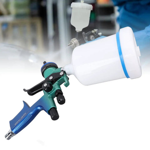 Professional Pneumatic HVP Spray Gun With 1.3 Mm Nozzle And 600 Ml Cup shown in blue-green color with white cup for painting jobs.