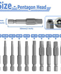 Torx Star 5 Point Security Tamper Proof Screwdriver Bit Set, 10 Piece shown with size details and pentagon head design.