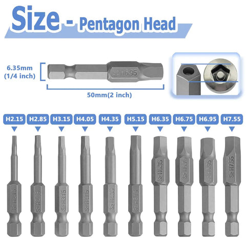 Torx Star 5 Point Security Tamper Proof Screwdriver Bit Set, 10 Piece shown with size details and pentagon head design.