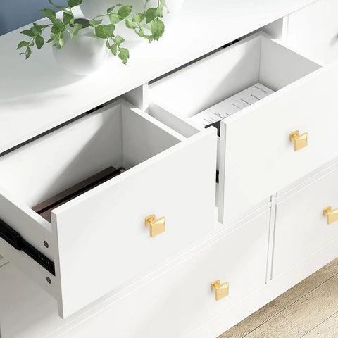 Open white kitchen drawers with 10 Pack Brushed Gold Cabinet Knobs Made From Solid Zinc Alloy For Kitchen Cabinets.