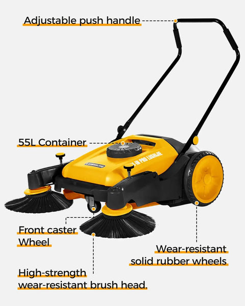 Kick Serious Dust With This Heavy Duty Manual Floor Sweeper Designed For Warehouses And Shops Featuring A 41 Inch Wide Commercial Push Broom That Runs Whisper Quiet And Cuts Through Grit Fast with adjustable handle and 55L container.
