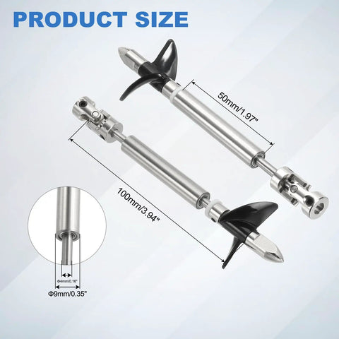 Heavy-Duty RC Boat Drive Shaft With 2-Blade Propeller Universal Joint Kit, 100mm Shaft Length, size dimensions shown