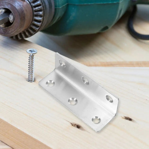 Heavy Duty 90 Degree Stainless Steel Corner Brackets Set Of Eight for cabinets and furniture, shown with drill on wood surface.