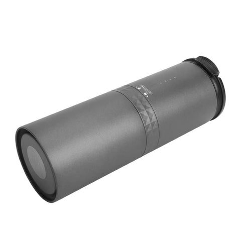 Portable all-in-one coffee grinder and brewer in sleek black design for travel, featuring rechargeable battery and adjustable settings.