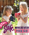 Kids' fabric pouches for a mini first-aid kit, two colorful pouches held by two girls outdoors.