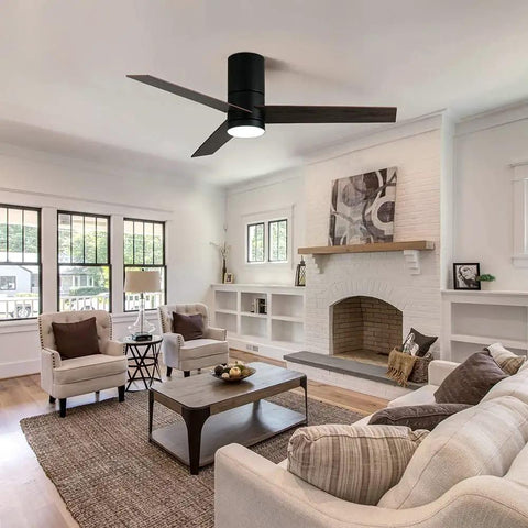 Flush Mount Ceiling Fan With Lights No Fuss Remote Control For Low Ceilings 46 Inch Modern Black Ceiling Fan with LED in living room