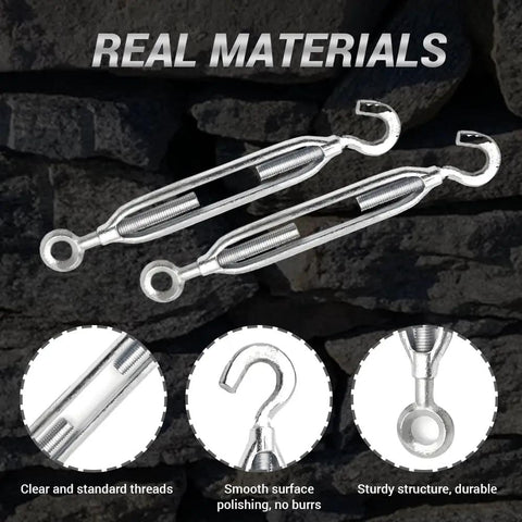3 Pack M10 Hook And Eye Turnbuckles Made From Top Shelf 304 Stainless Steel, showcasing clear threads and durable structure.