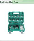 53 Piece Metric Socket Set With 72 Tooth Ratchet Chrome Vanadium Steel Construction in open green portable case