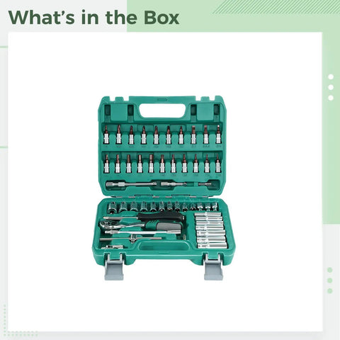 53 Piece Metric Socket Set With 72 Tooth Ratchet Chrome Vanadium Steel Construction in open green portable case