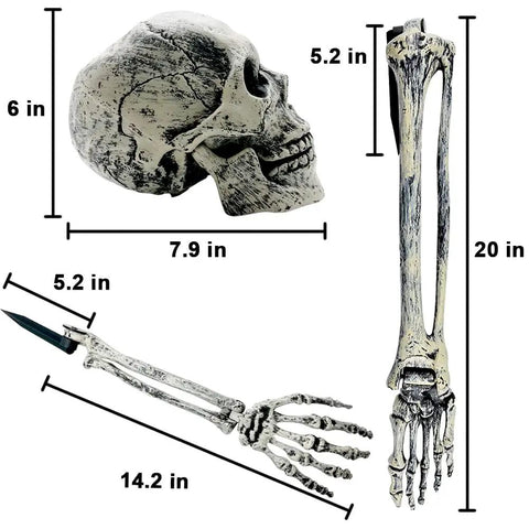 Graveyard Groundbreaker Skeleton Set With Realistic Skull And Arm Stakes For Outdoor Halloween Yard Decor Spooky Lawn Display 5 Piece Skeleton Bones And Skulls Prop Kit showing dimensions of skull and bones