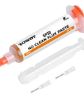 Image of No Clean Solder Flux Paste for Electronics 30 ml with pneumatic dispenser, plunger, and dispensing tip for precise soldering.