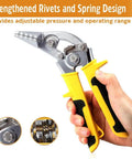 Hand holding 3 Inch Curved Jaw Hand Seamer For Sheet Metal Pro Grade Offset Bender Tool with yellow handle and strengthened rivets.