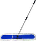 Pro Level Commercial Dust Mop Featuring A Telescopic Stainless Handle And Hella Absorbent Blue Cotton Pad For Quick Floor Sweep and Tight Dust Removal On Hardwood Floors Today, blue cotton pad.