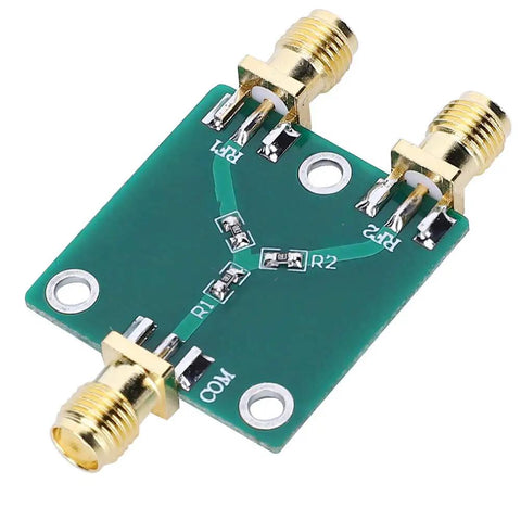 Killer RF Power Divider and 2 Way Power Splitter Module with DC to 5GHz Frequency Range, green PCB with SMA connectors.