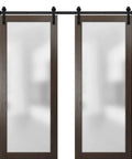 Built Tough Sturdy Double Barn Door With Frosted Glass And Black Rail Chocolate Ash Finish Includes 13Ft Sliding Rail System