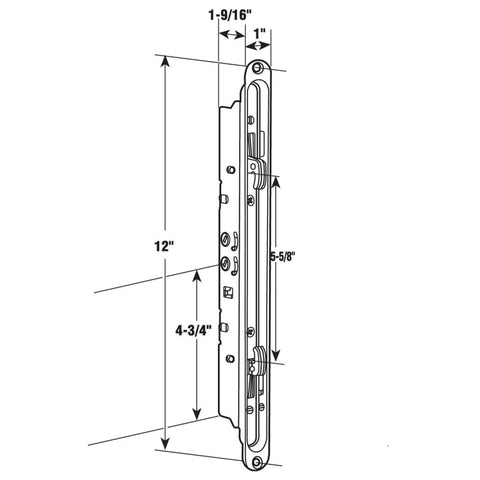 Diagram of 12.5 Inch Dual Point Double Hook Sliding Glass Patio Door Mortise Lock with dimensions and features.