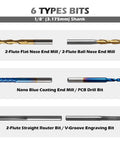 Genmitsu 50pc tungsten carbide end mill set, 1/8'' shank, six bit types shown.