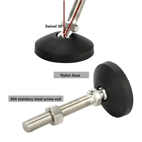 Rustproof Swivel Adjustable Leveling Feet With Sturdy 304 Stainless Steel Rods And Rock Solid 3 Inch Nylon Pads, Straight Up Heavy Duty Furniture Leg Kit, Pack Of Eight close-up of nylon pad and stainless steel rod.