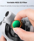 Adjustable ND Filter Set For DJI Mini 4 Pro One To Five Stops ND2 To 32 VND being adjusted by hand on camera lens.