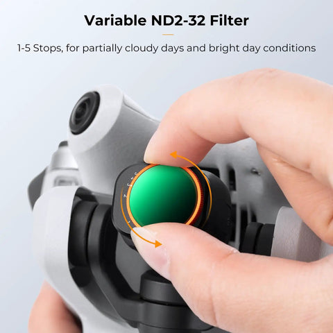 Adjustable ND Filter Set For DJI Mini 4 Pro One To Five Stops ND2 To 32 VND being adjusted by hand on camera lens.