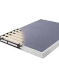 Full Size Metal Box Spring With 4 Inch Mattress Foundation Backed By Heavy Duty Steel Core And Tightly Aligned Wood Slats view showing wooden slats and steel frame.