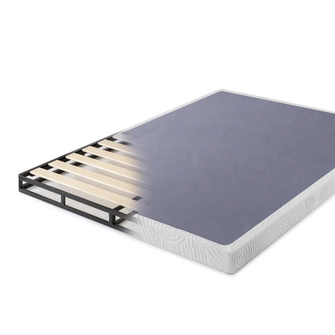 Full Size Metal Box Spring With 4 Inch Mattress Foundation Backed By Heavy Duty Steel Core And Tightly Aligned Wood Slats view showing wooden slats and steel frame.